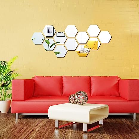 Silver Colour Hexagon Mirror Stickers For Decoration-(12cm*11cm) (50 Piece Pack)