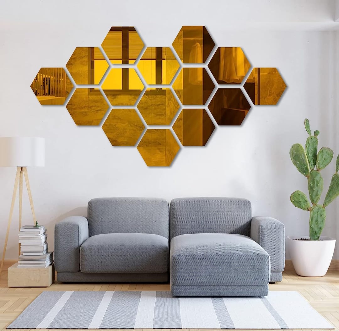 Golden Colour Hexagon Mirror Stickers For Decoration-(12cm*11cm) (50 Piece Pack)