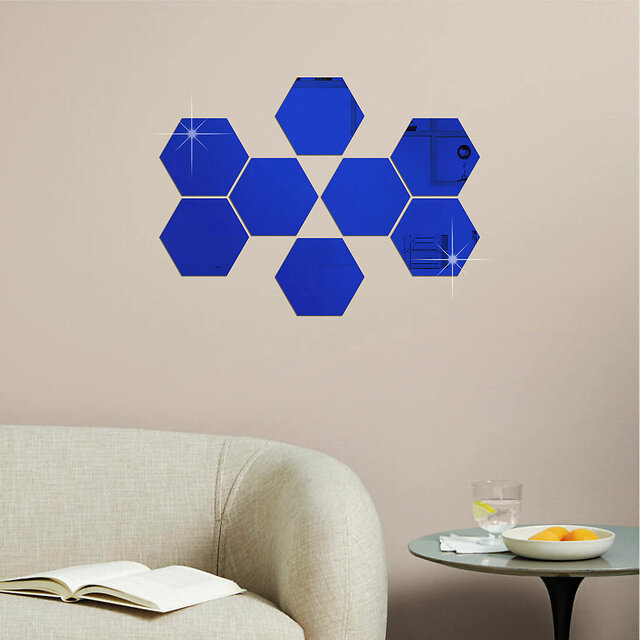 Blue Colour Hexagon Mirror Stickers For Decoration-(12cm*11cm) (10 Piece Pack)