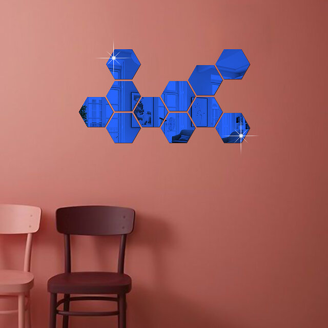 Blue Colour Hexagon Mirror Stickers For Decoration-(12cm*11cm) (10 Piece Pack)