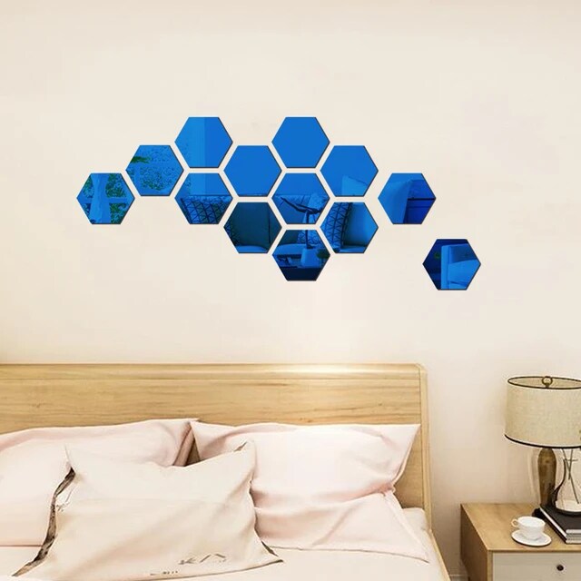 Blue Colour Hexagon Mirror Stickers For Decoration-(12cm*11cm) (50 Piece Pack)