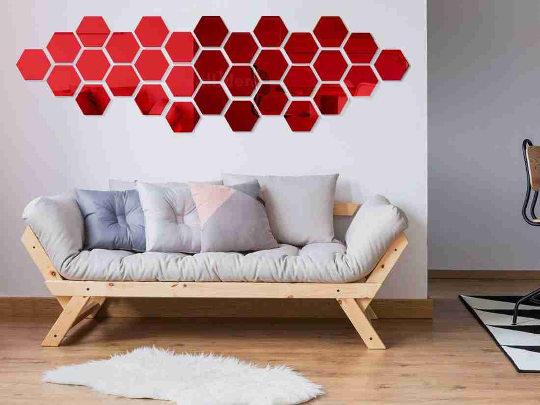 Red Colour Hexagon Mirror Stickers For Decoration-(12cm*11cm) (10 Piece Pack)