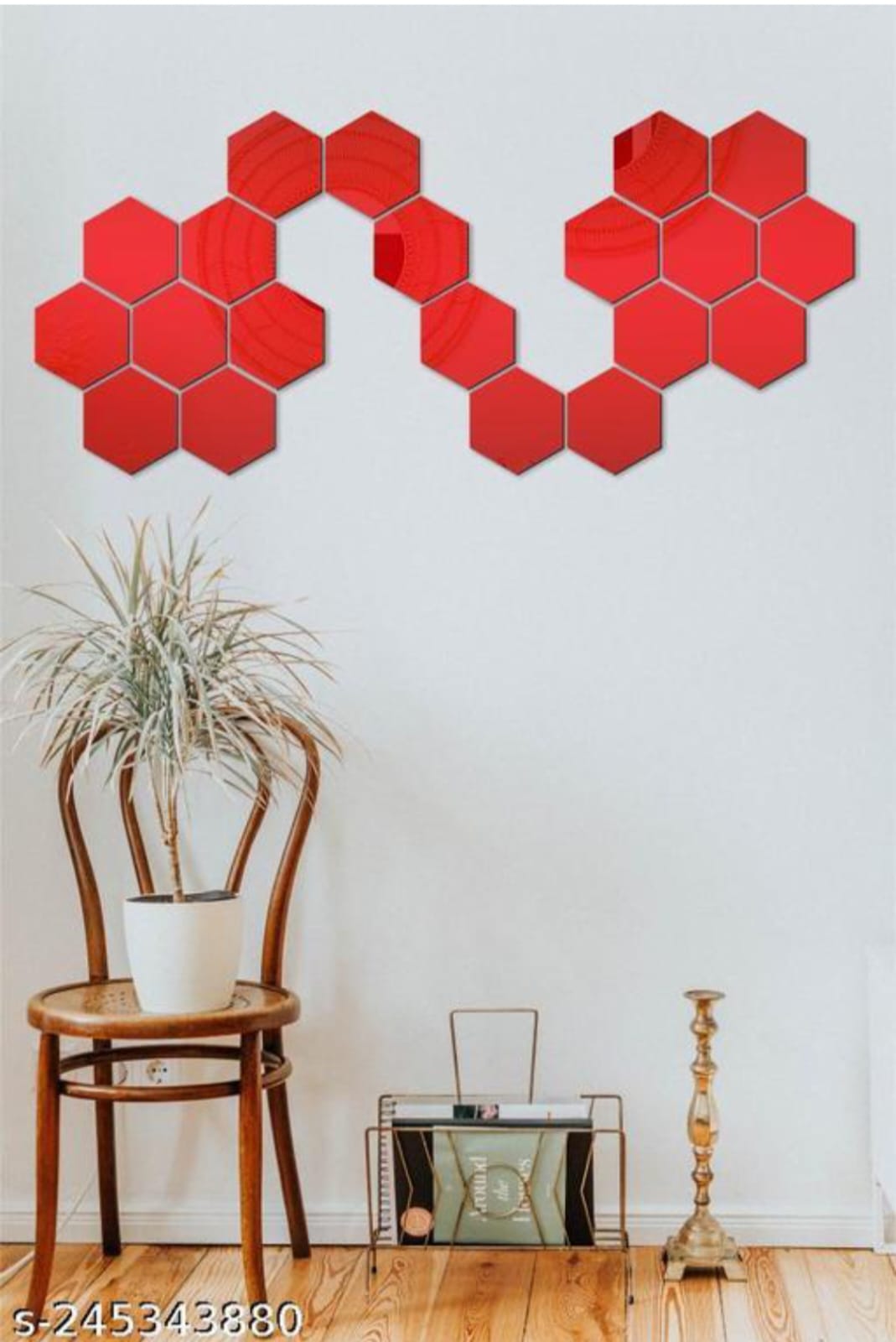 Red Colour Hexagon Mirror Stickers For Decoration-(12cm*11cm) (10 Piece Pack)