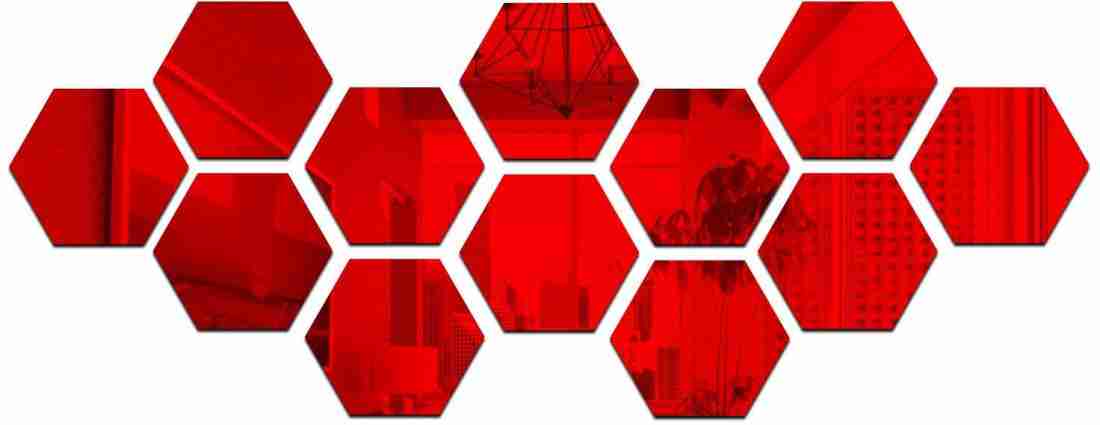 Red Colour Hexagon Mirror Stickers For Decoration-(12cm*11cm) (10 Piece Pack)