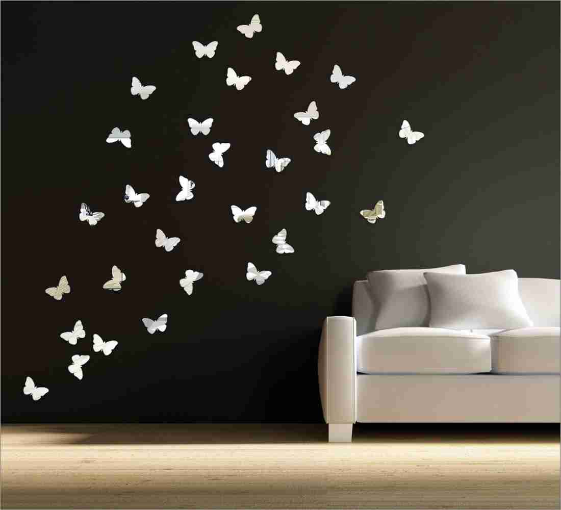 Silver Colour Butterfly Mirror Stickers For Decoration-(4.5cm*3.6cm) (20 Piece Pack)