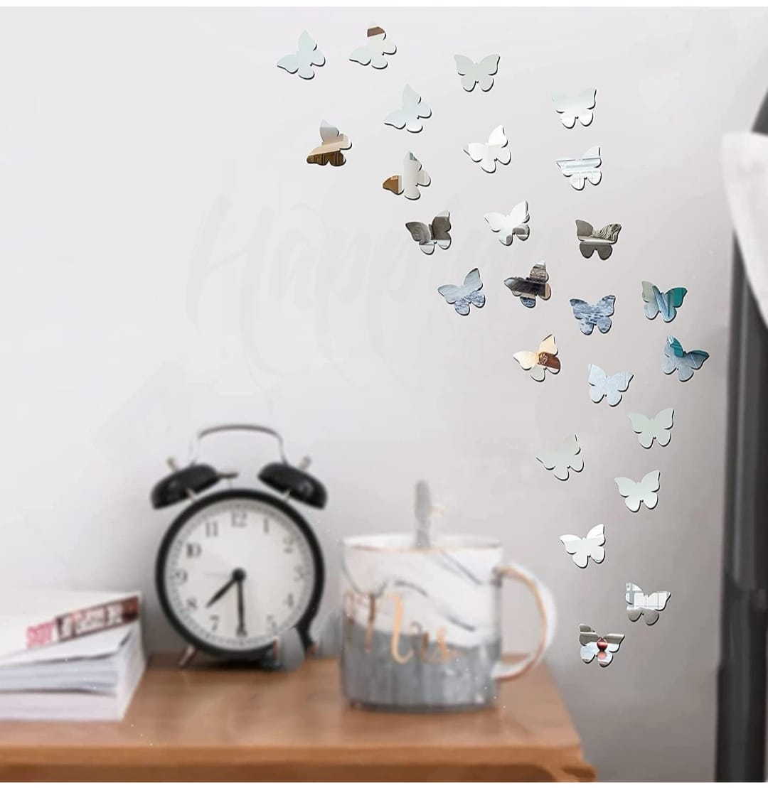 Silver Colour Butterfly Mirror Stickers For Decoration-(4.5cm*3.6cm) (20 Piece Pack)