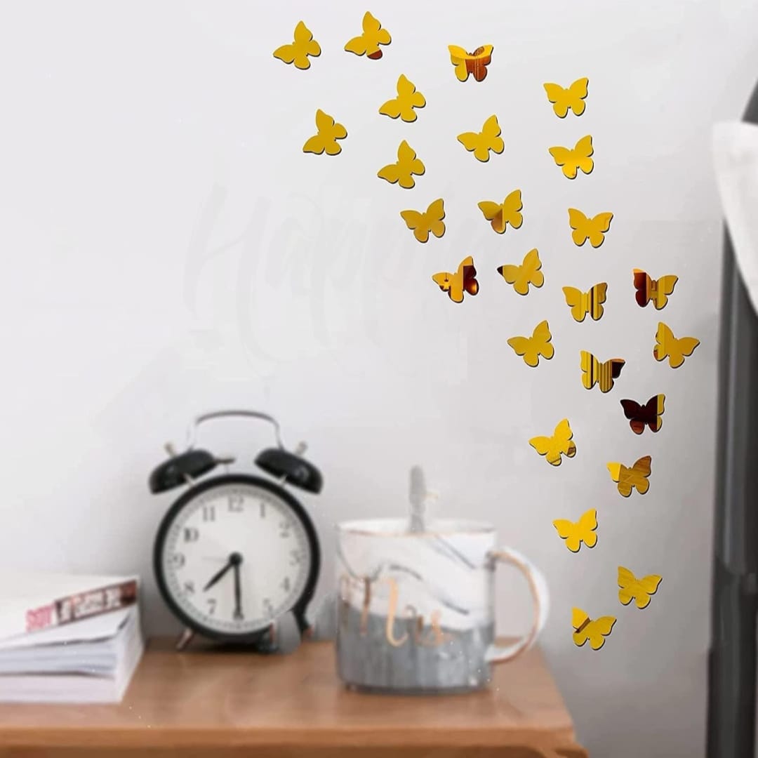 Golden Colour Butterfly Mirror Stickers For Decoration-(4.5cm*3.6cm) (100 Piece Pack)