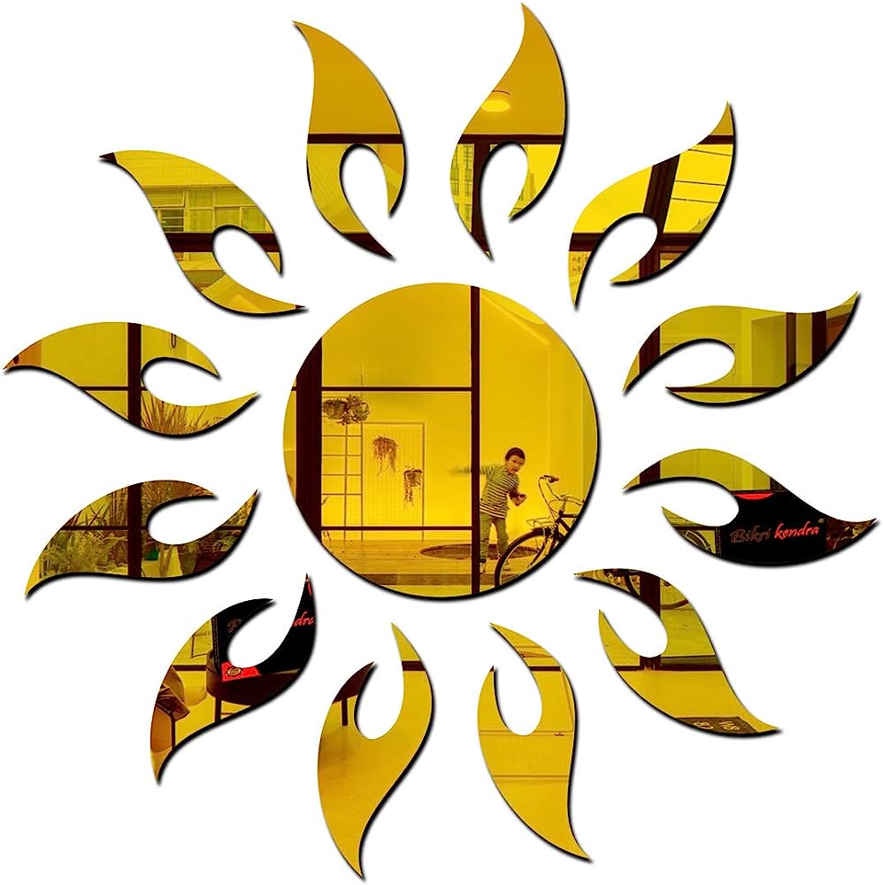 Golden Colour Sun Mirror Stickers For Decoration (1 Piece Round Mirror & 24 Piece Side Flame Mirror) (10 Piece Pack)