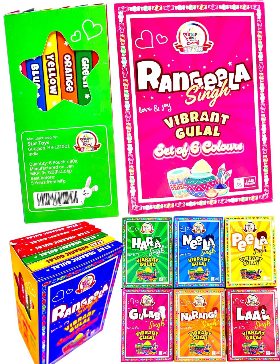 Rangeela Single Vibrant Gulal Set Of 6 Colours  (1 Box)